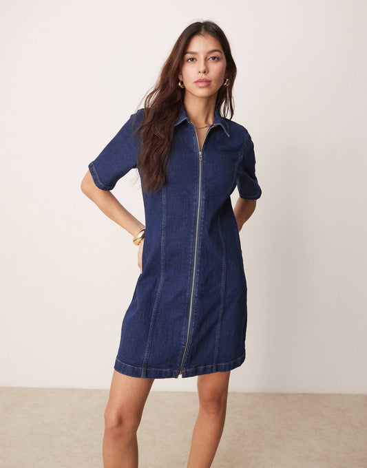 Denim Zip Detail Mini Aline Skater Dress