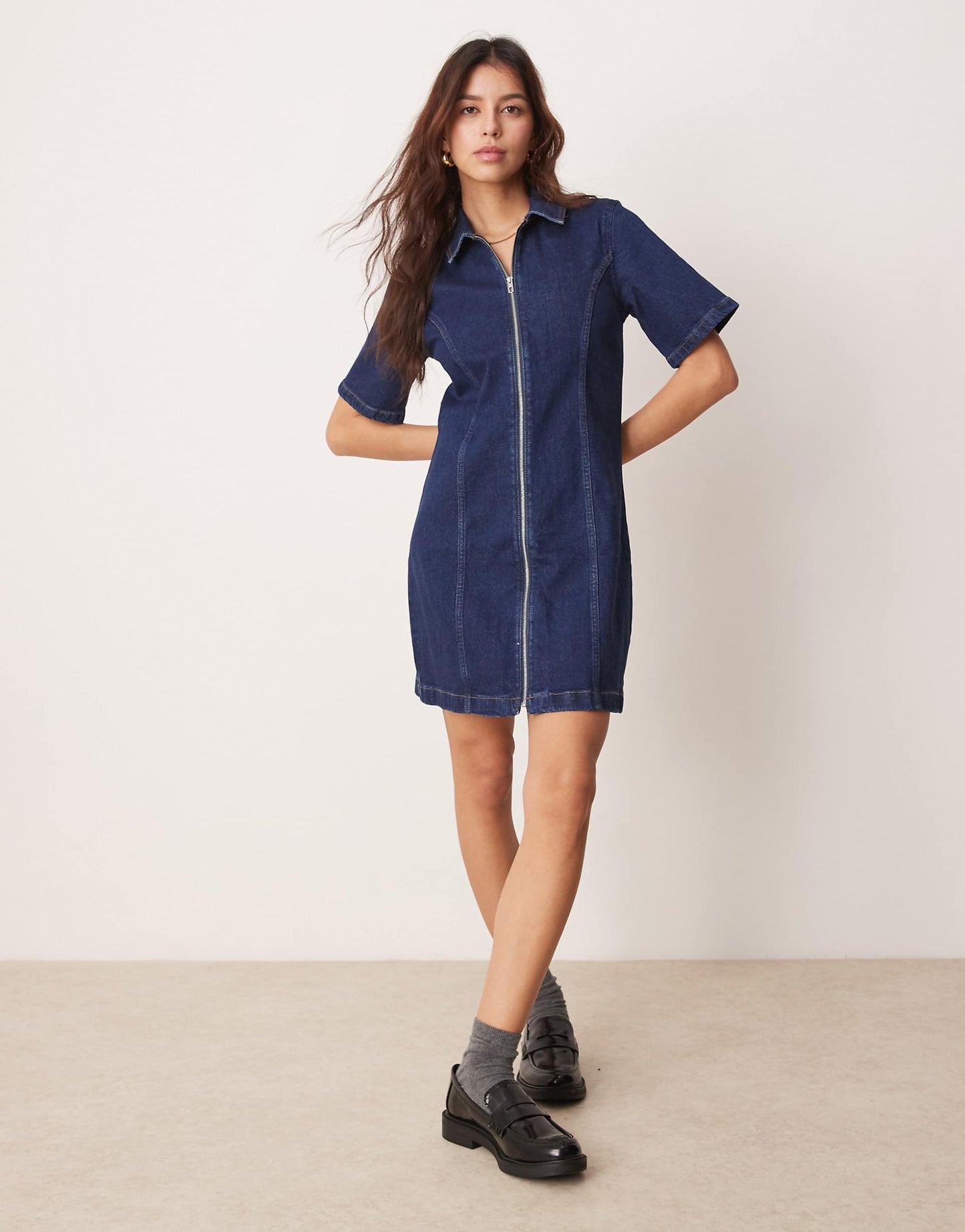 Denim Zip Detail Mini Aline Skater Dress