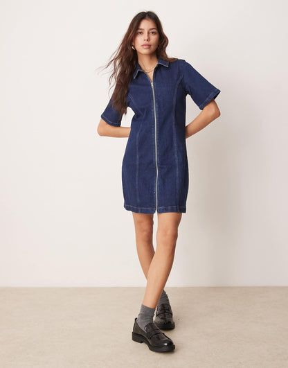 Denim Zip Detail Mini Aline Skater Dress