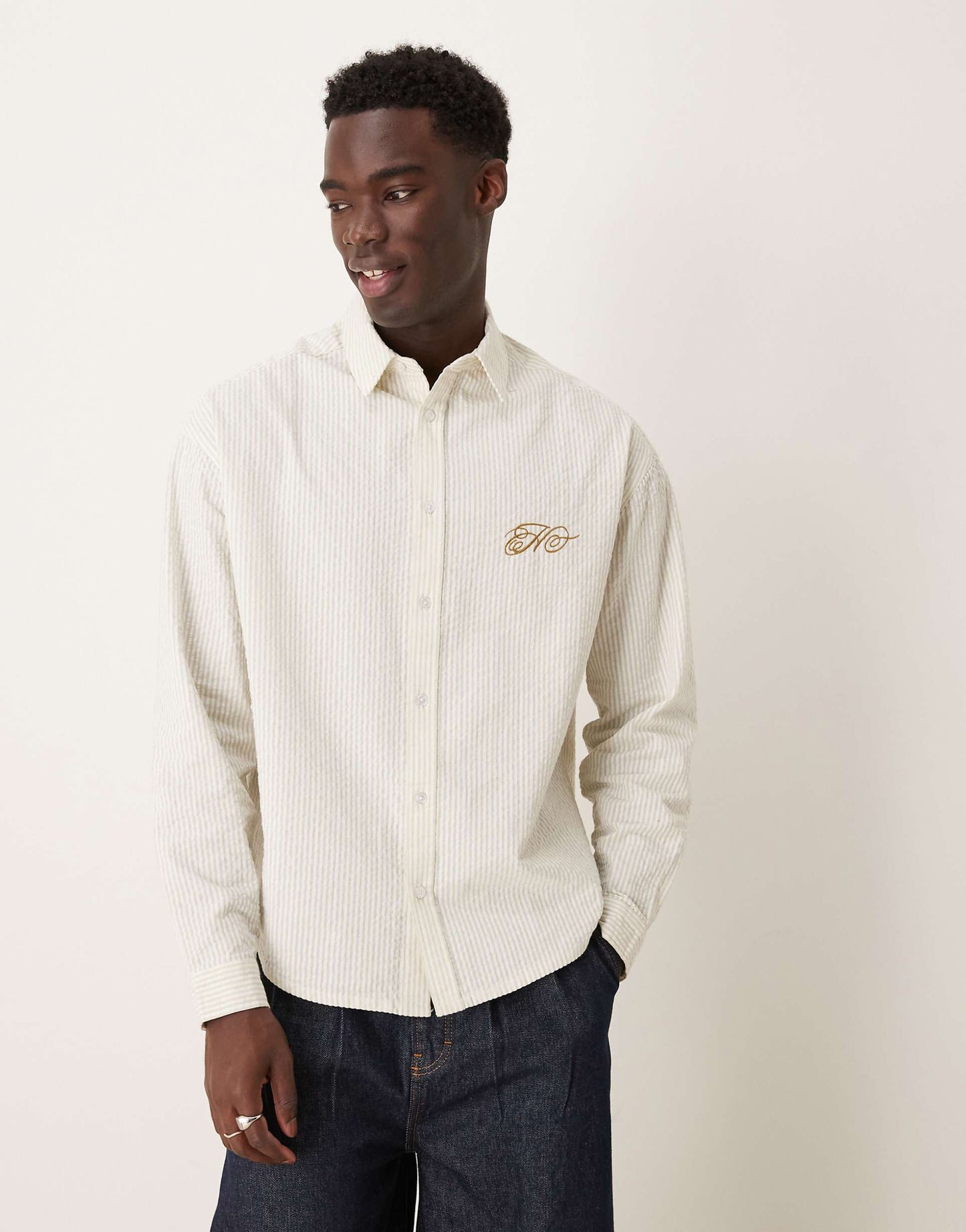 90S Oversized Seersucker Stripe Shirt With Chest Embroidery