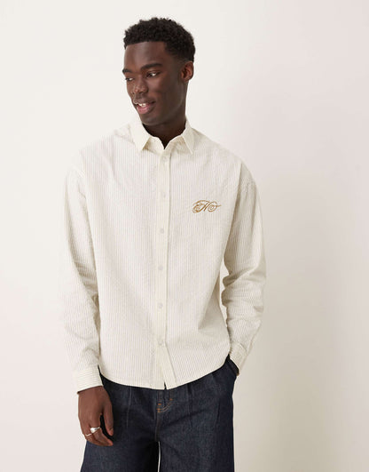 90S Oversized Seersucker Stripe Shirt With Chest Embroidery