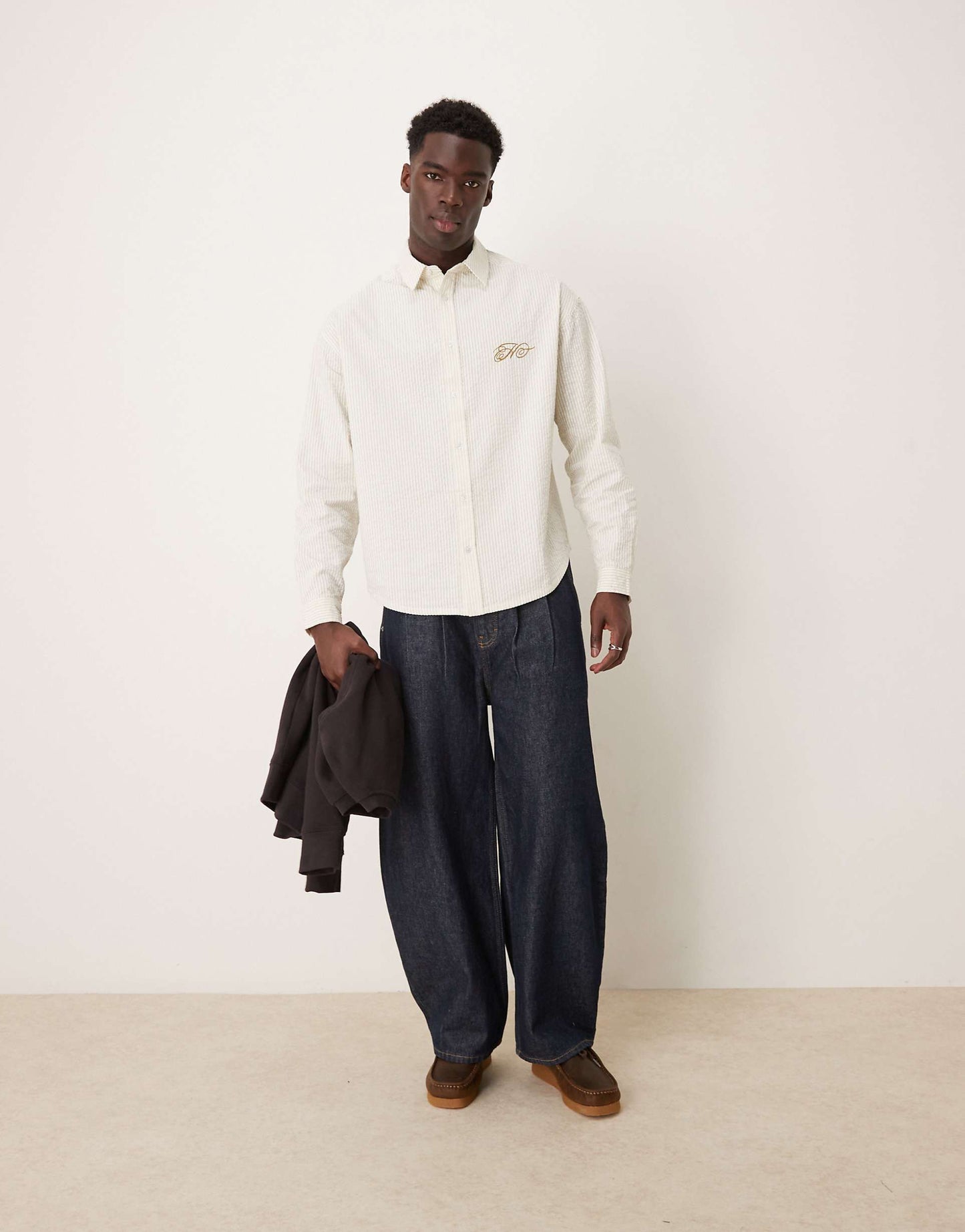 90S Oversized Seersucker Stripe Shirt With Chest Embroidery