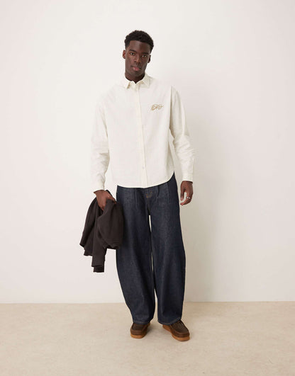 90S Oversized Seersucker Stripe Shirt With Chest Embroidery