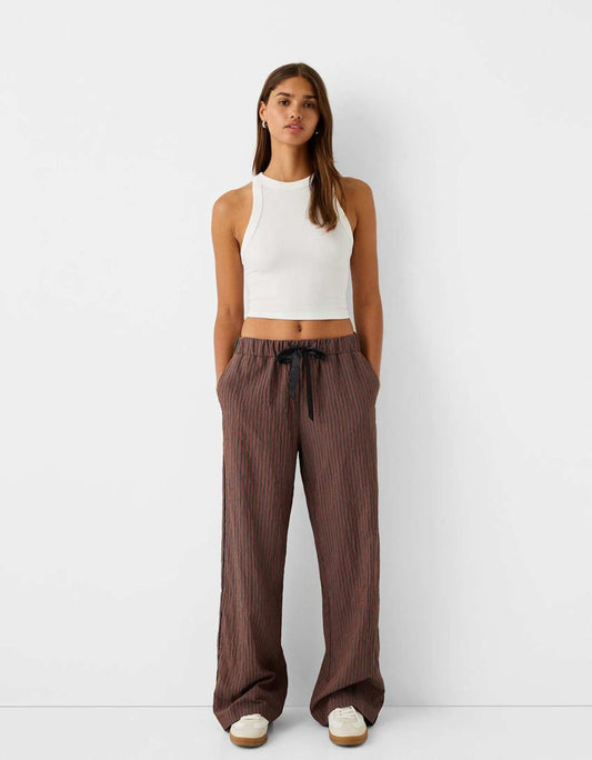Ribbon Drawstring Waist Wide Leg Trousers