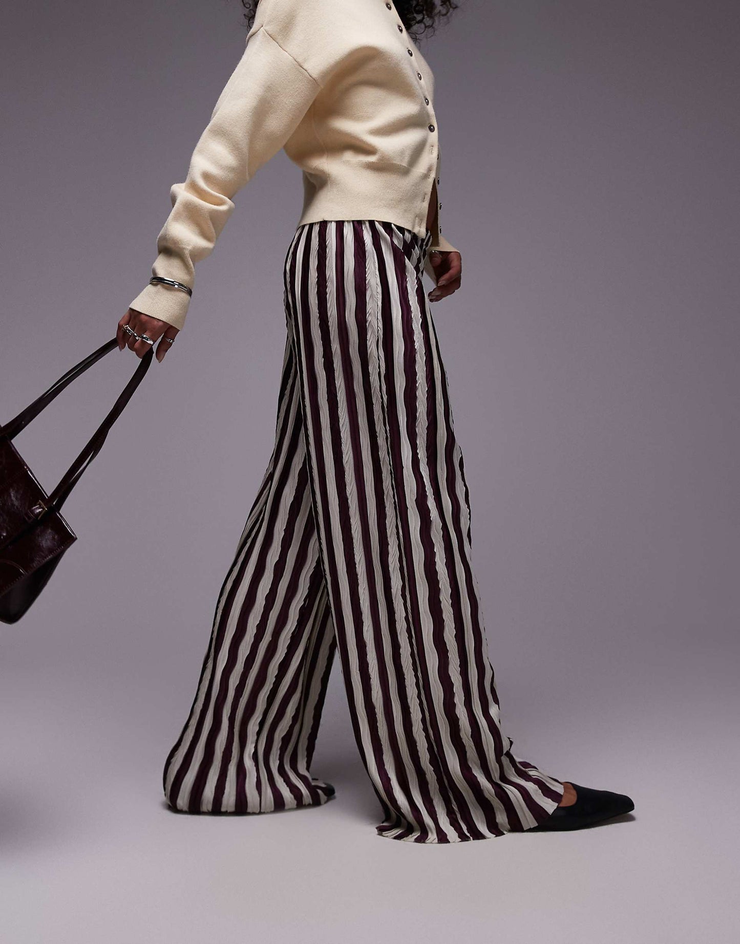 Vertical Stripe Plisse Wide Leg Trouser