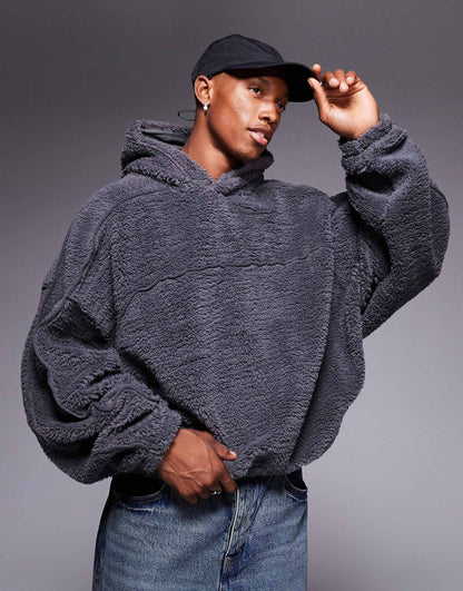 Extreme Oversized Boxy Borg Hoodie With Contrast Detail