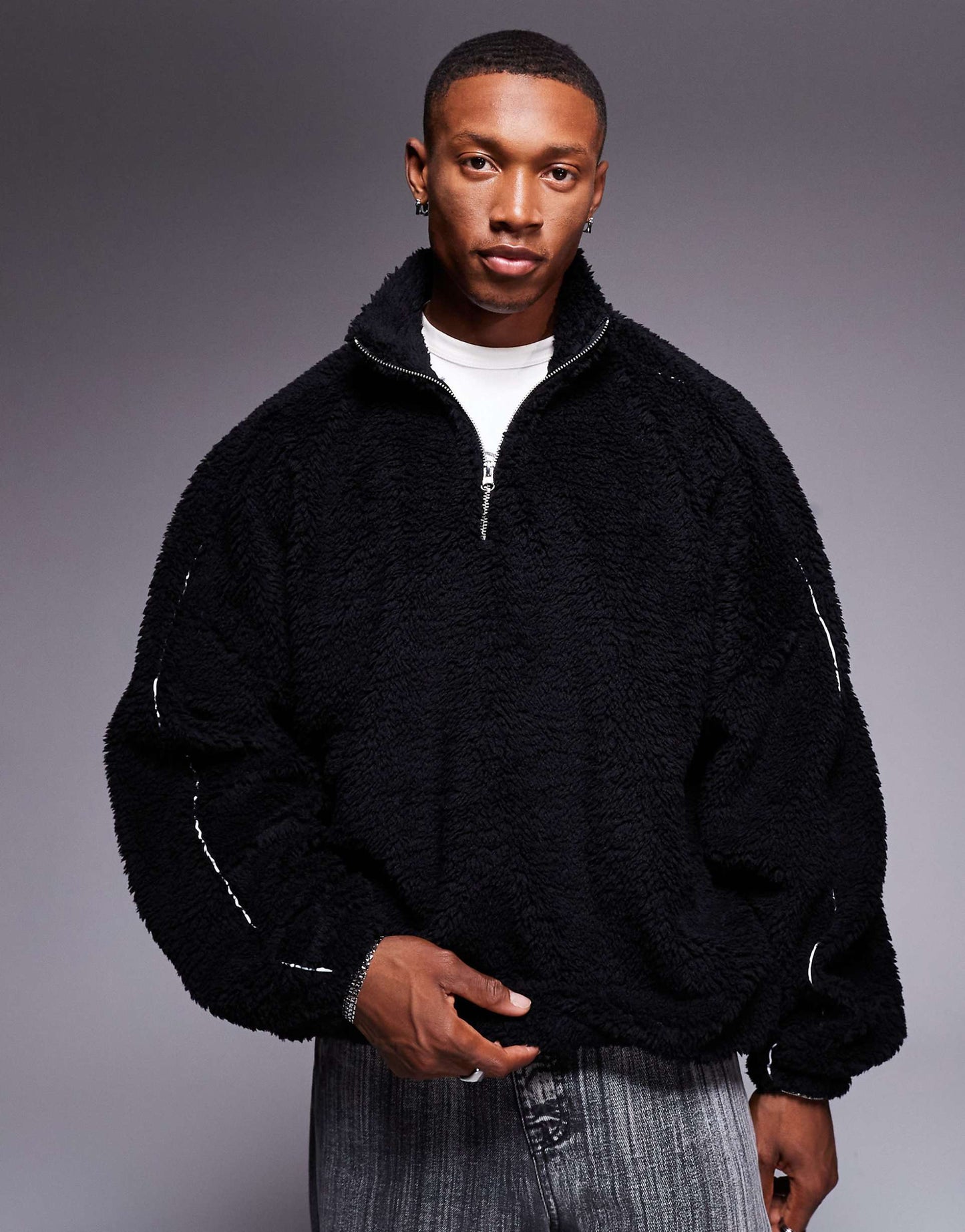 Extreme Oversized Quarter Zip Borg Sweatshirt With Piping