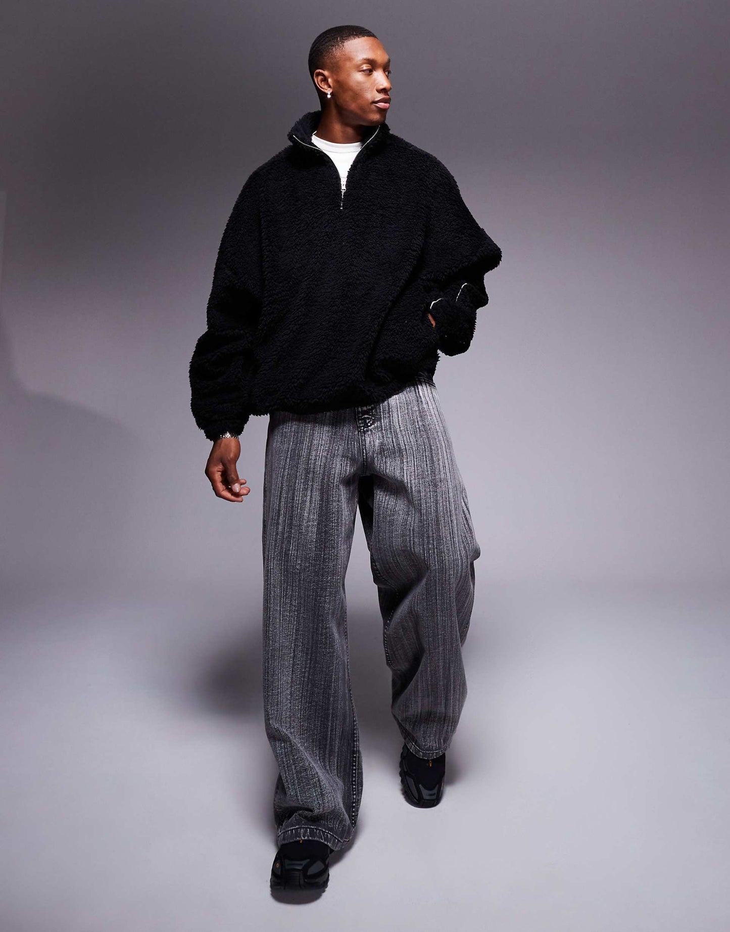 Extreme Oversized Quarter Zip Borg Sweatshirt With Piping