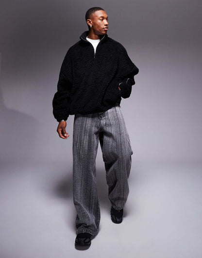 Extreme Oversized Quarter Zip Borg Sweatshirt With Piping