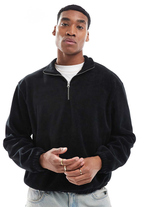Boxy Oversized Fleece Sweatshirt With Quarter Zip And Elasticated Hem