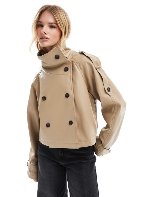 Funnel Neck Leather Look Short Trench Coat