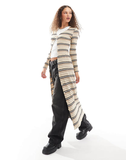 V Neck Stripe Maxi Cardigan