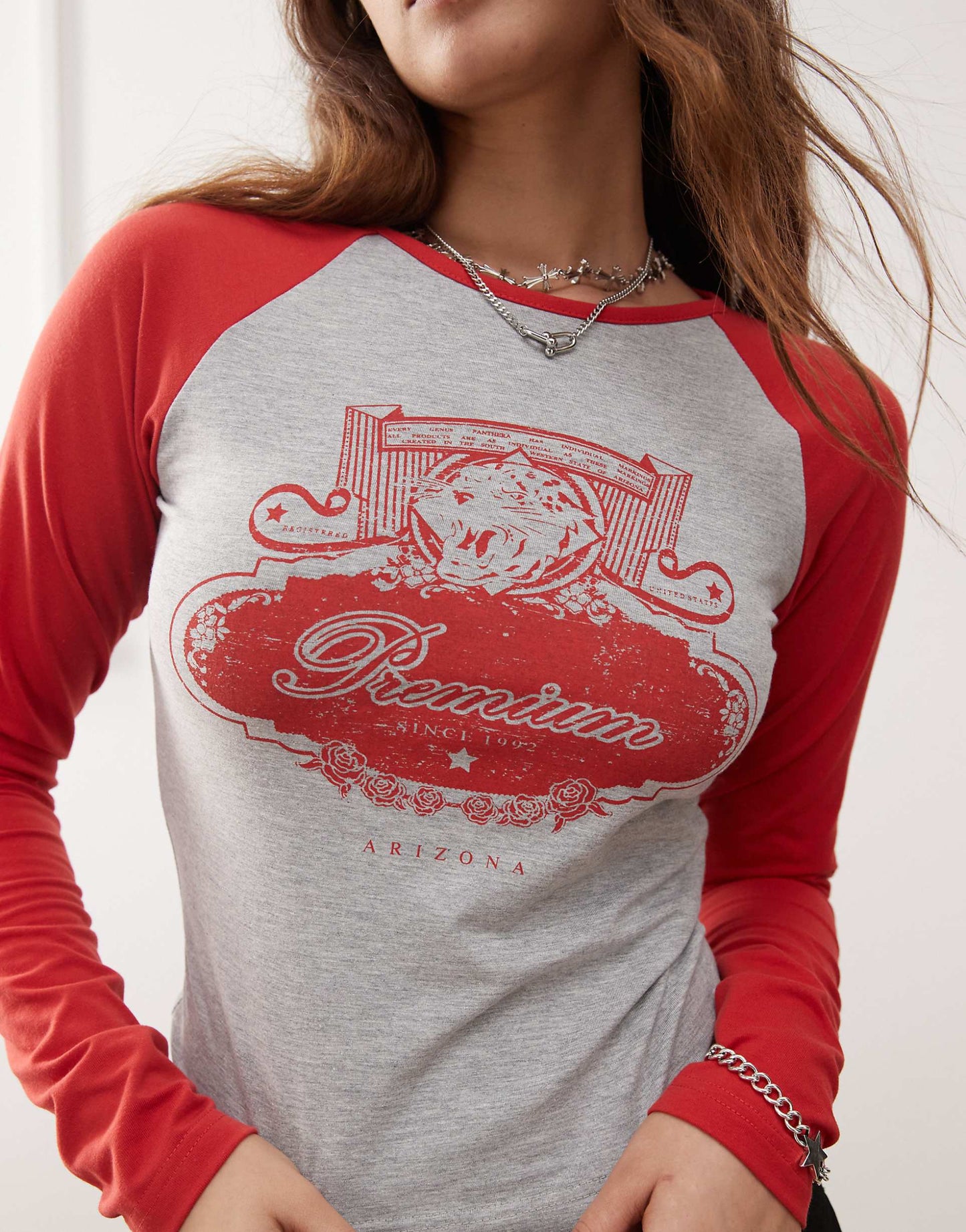 Varsity Tiger Print Contrast Red Sleeve Baby Tee