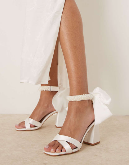 Bridal Carmen Block Heeled Sandals With Embellished Ribbon Tie