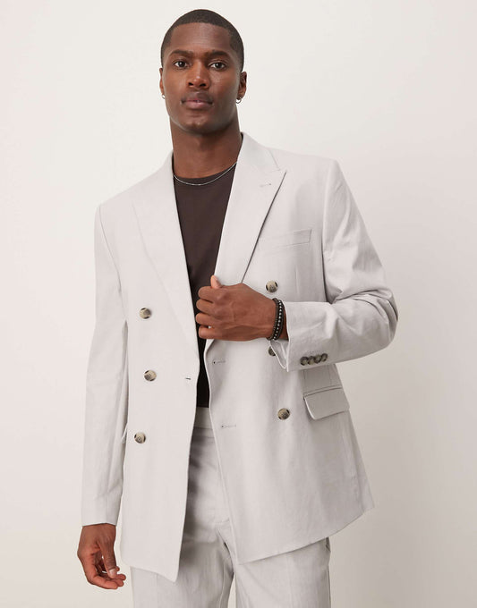 Linen Blend Double Breasted Regular Suit Jacket