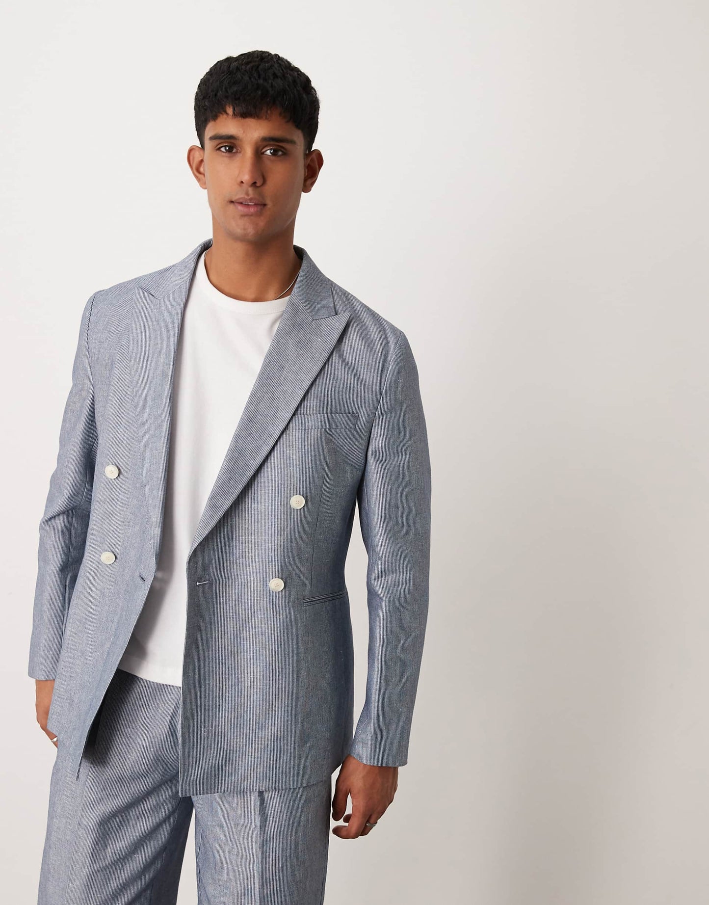 Linen Double Breasted Regular Suit Jacket With Stripes