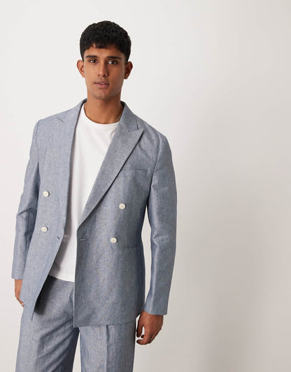 Linen Double Breasted Regular Suit Jacket With Stripes