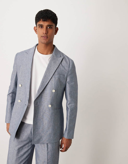 Linen Double Breasted Regular Suit Jacket With Stripes