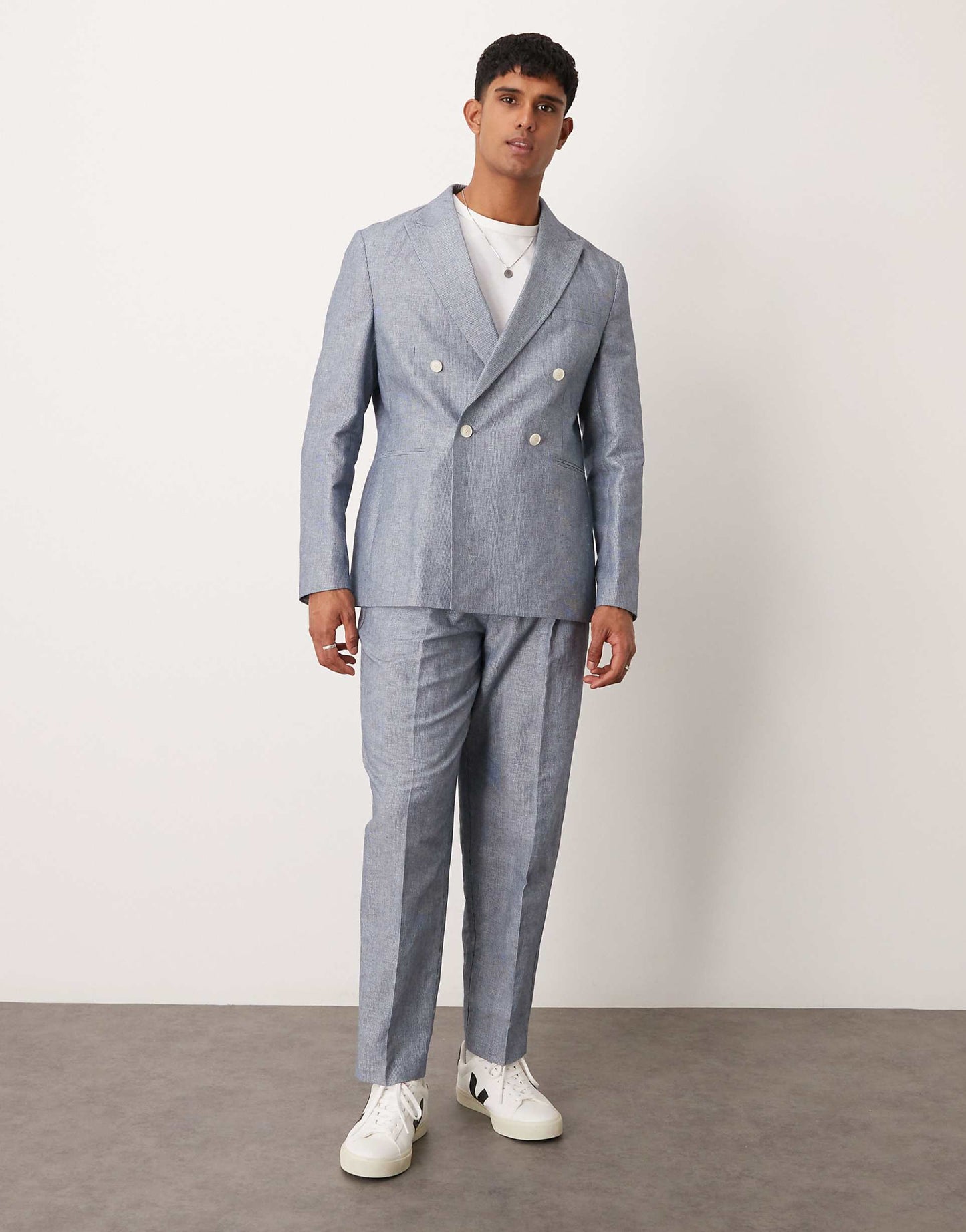 Linen Double Breasted Regular Suit Jacket With Stripes