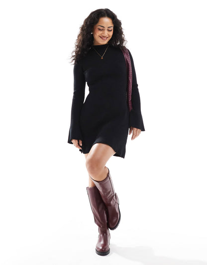 Knitted Ribbed High Neck Skater Flare Sleeve Jumper Dress