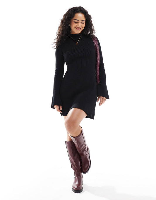 Knitted Ribbed High Neck Skater Flare Sleeve Jumper Dress