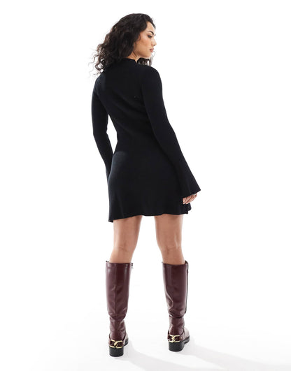 Knitted Ribbed High Neck Skater Flare Sleeve Jumper Dress