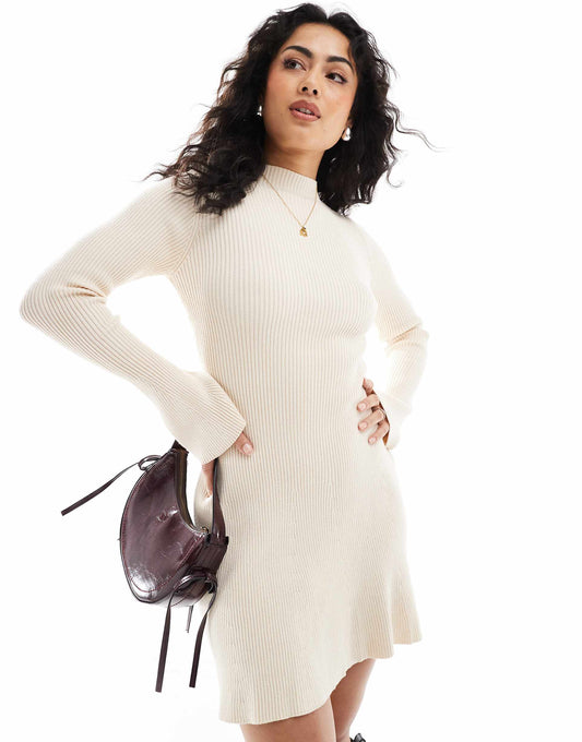 Knitted Ribbed High Neck Skater Flare Sleeve Jumper Dress