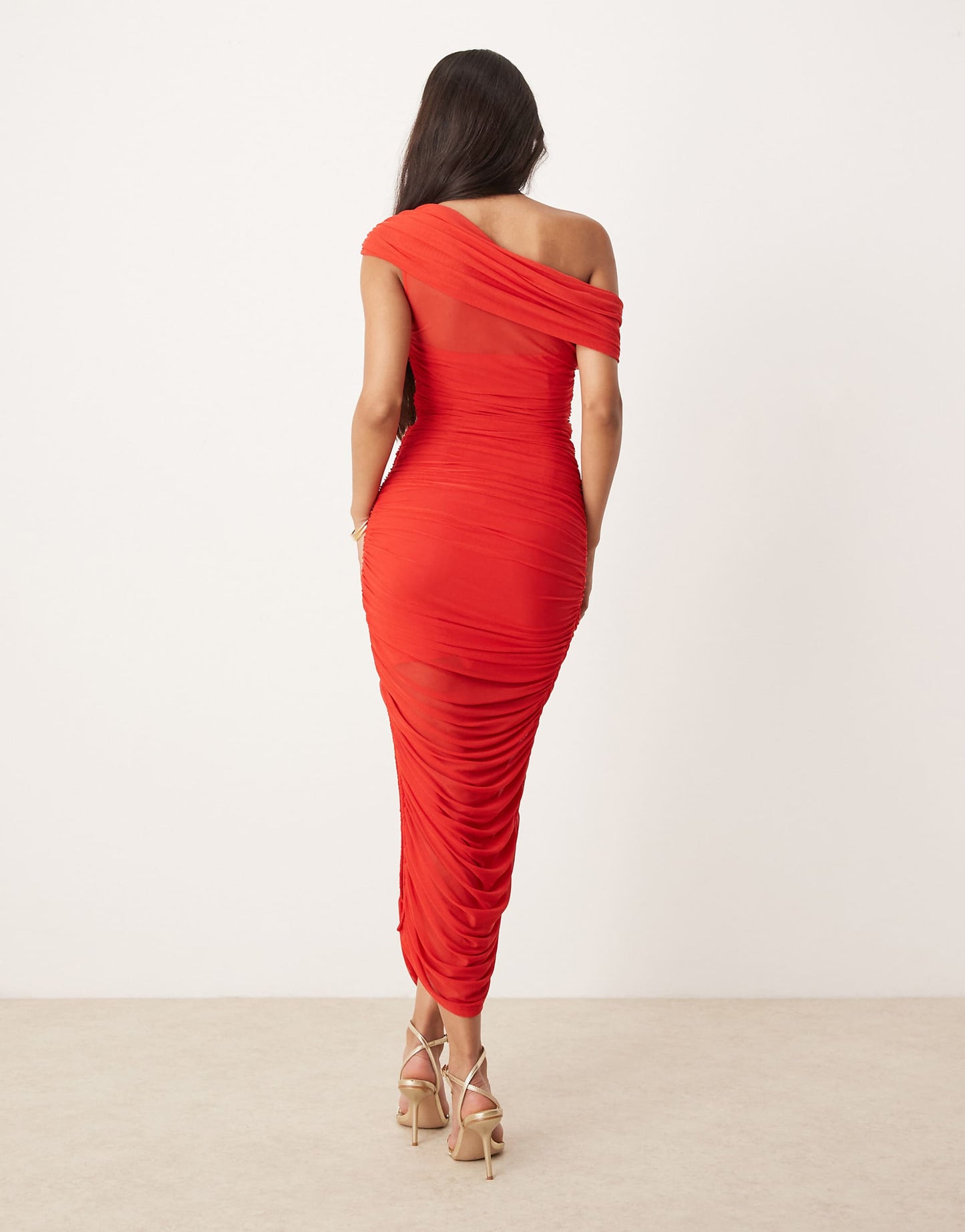 Mesh Ruched Asymmetrical Midaxi Dress