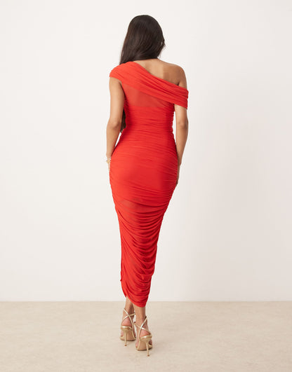 Mesh Ruched Asymmetrical Midaxi Dress