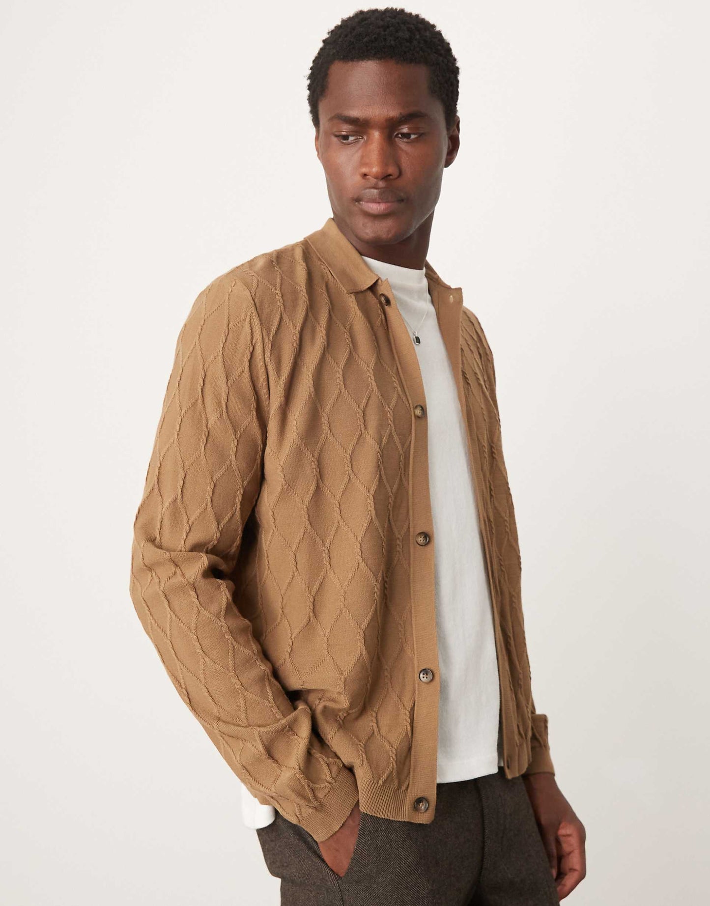 Relaxed Lightweight Knitted Cardigan With Diamond Stitching