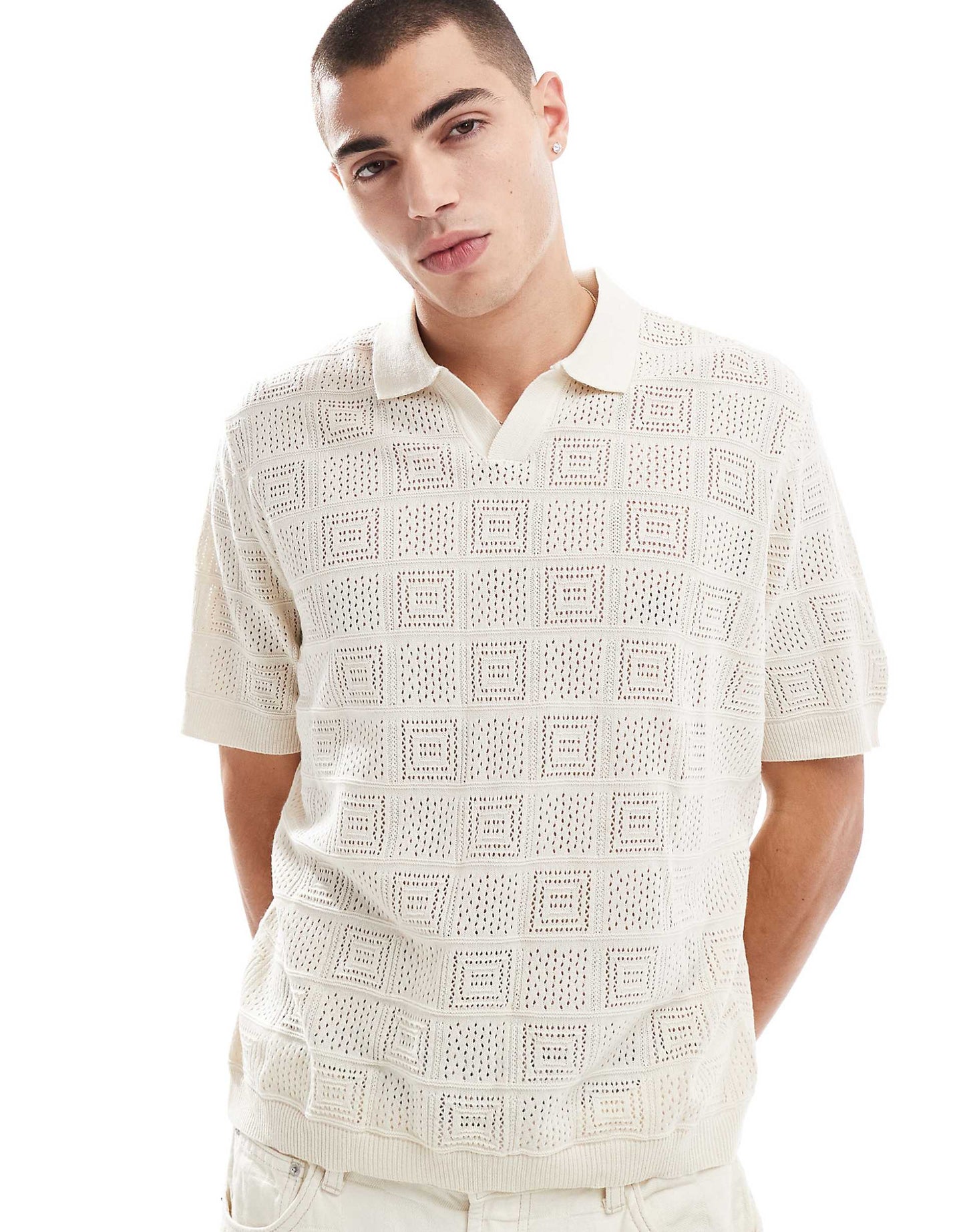 Relaxed Lightweight Knitted Boxy Polo Shirt With Checkerboard Design