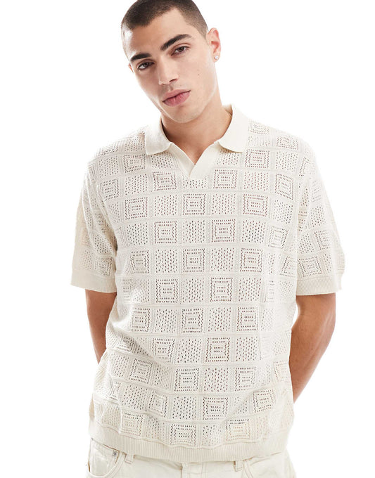 Relaxed Lightweight Knitted Boxy Polo Shirt With Checkerboard Design