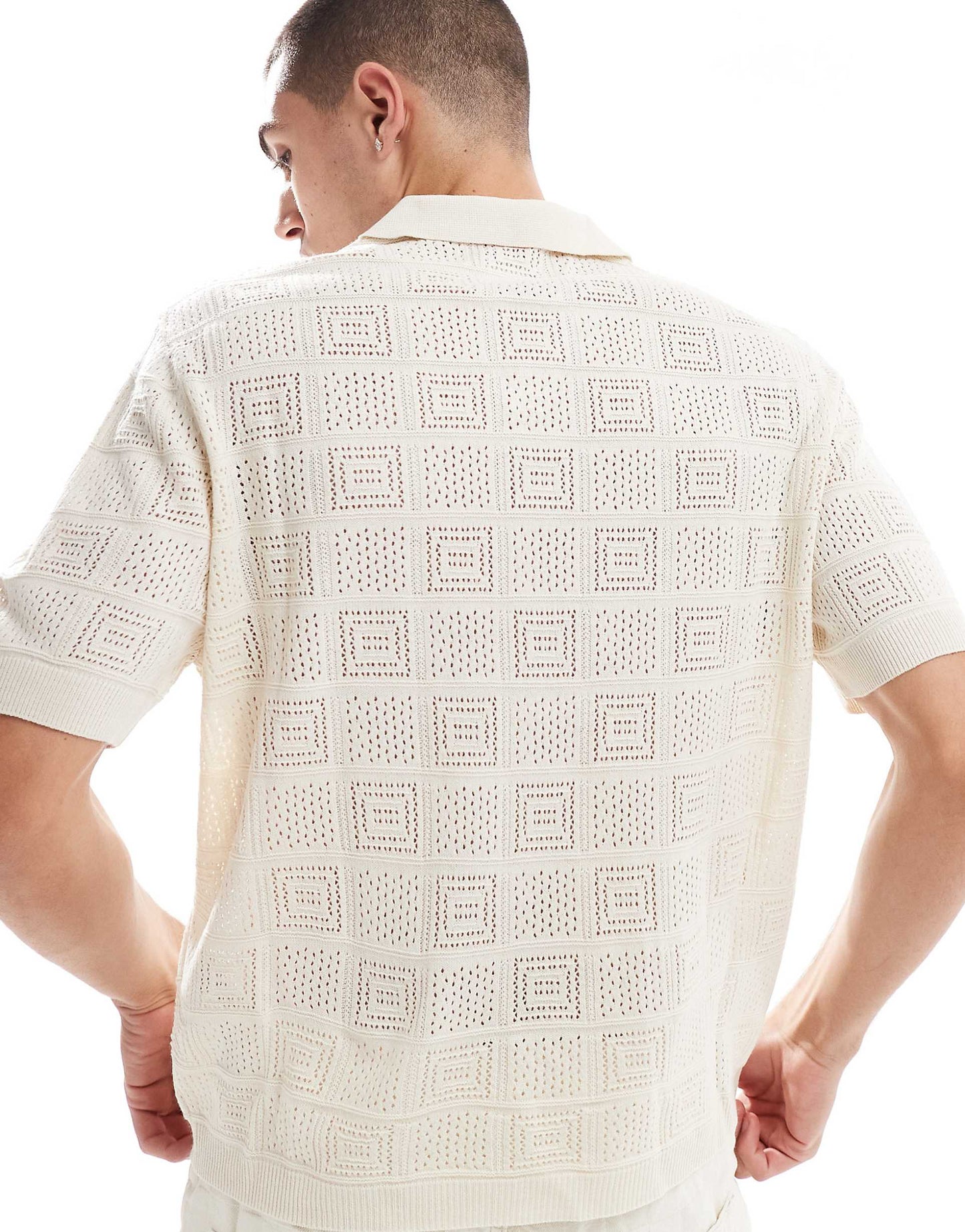 Relaxed Lightweight Knitted Boxy Polo Shirt With Checkerboard Design