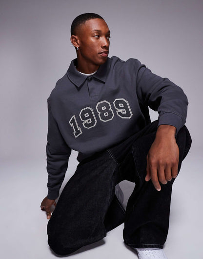 Boxy Oversized Polo Sweatshirt With Applique Print