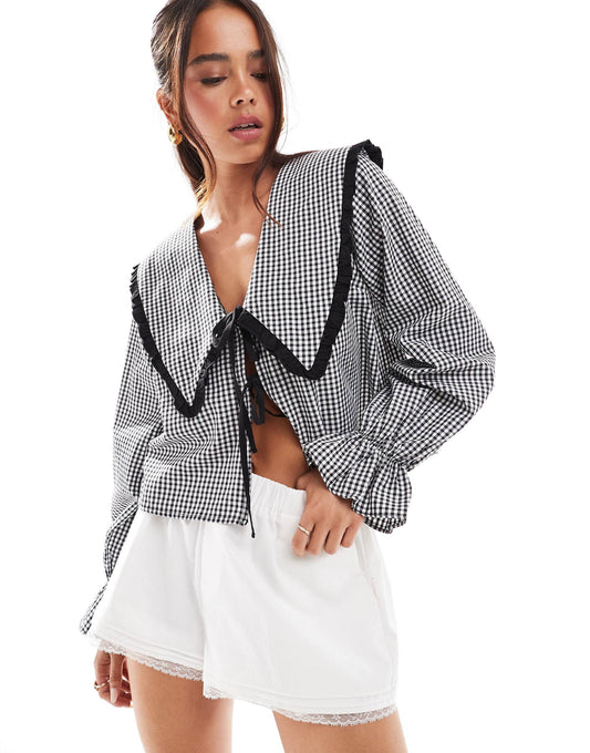 Oversized Collar Tie Front Blouse