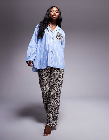 Mix &Match Woven Stripe And Leopard Print Pyjama Shirt