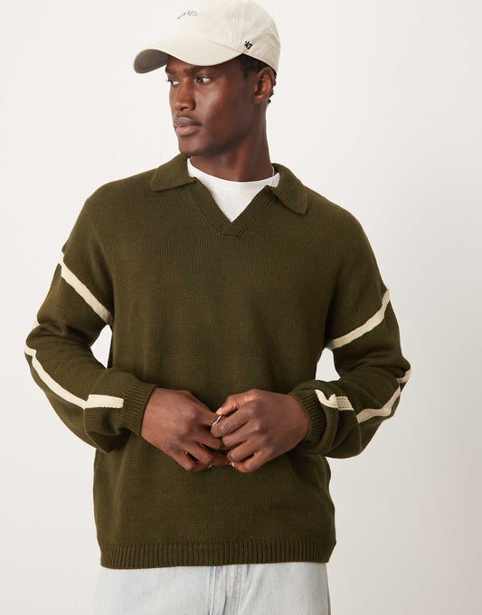 Relaxed Knitted Polo Jumper With Contrast Panels