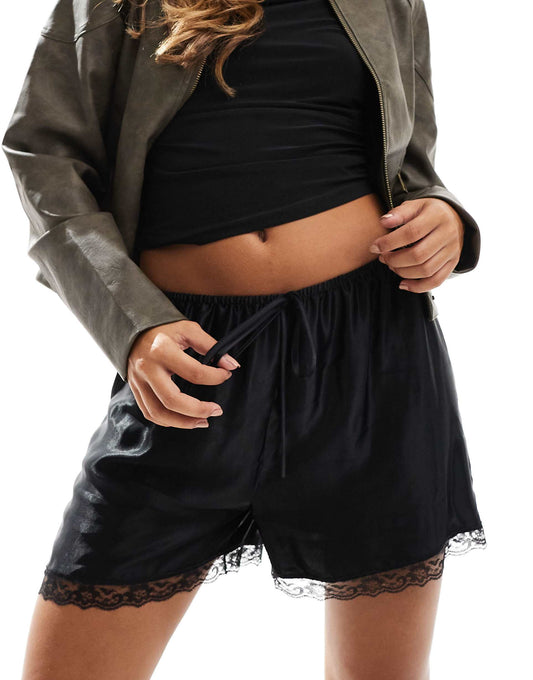 Satin Shorts With Lace Trim