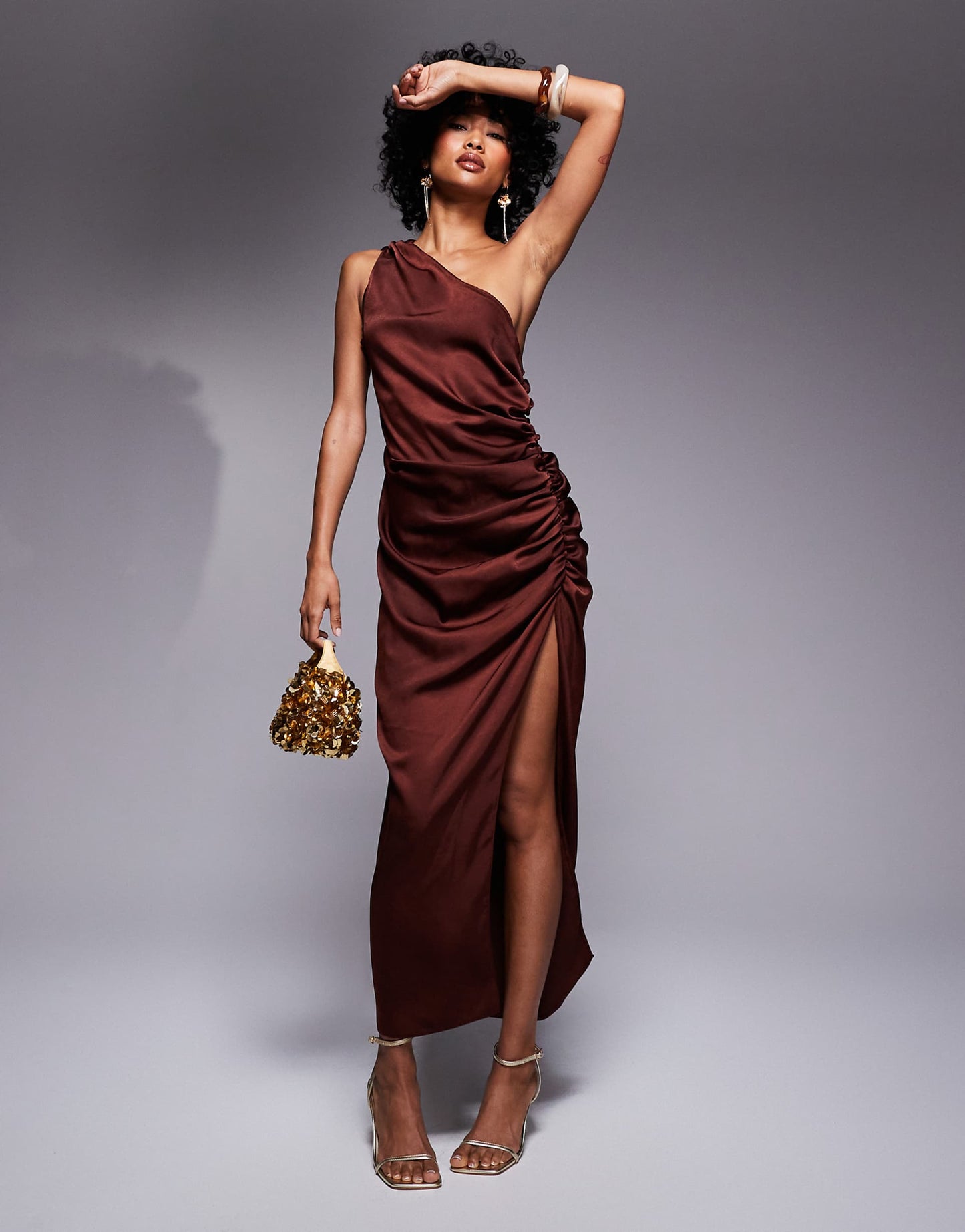 One Shoulder Satin Ruched Side Midi Dress