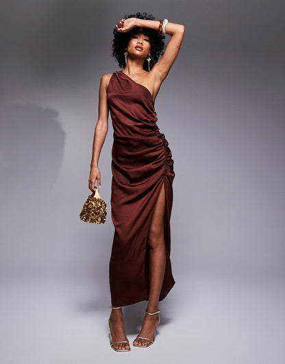 One Shoulder Satin Ruched Side Midi Dress