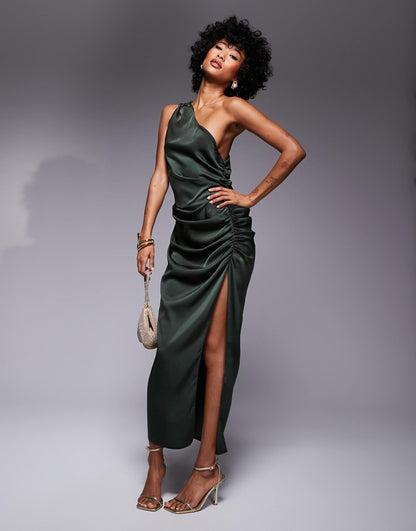 One Shoulder Satin Ruched Side Midi Dress