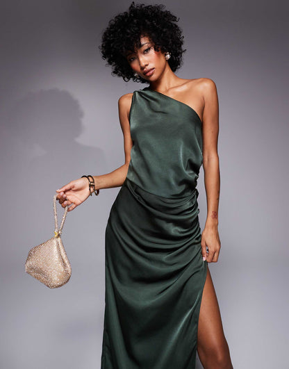 One Shoulder Satin Ruched Side Midi Dress