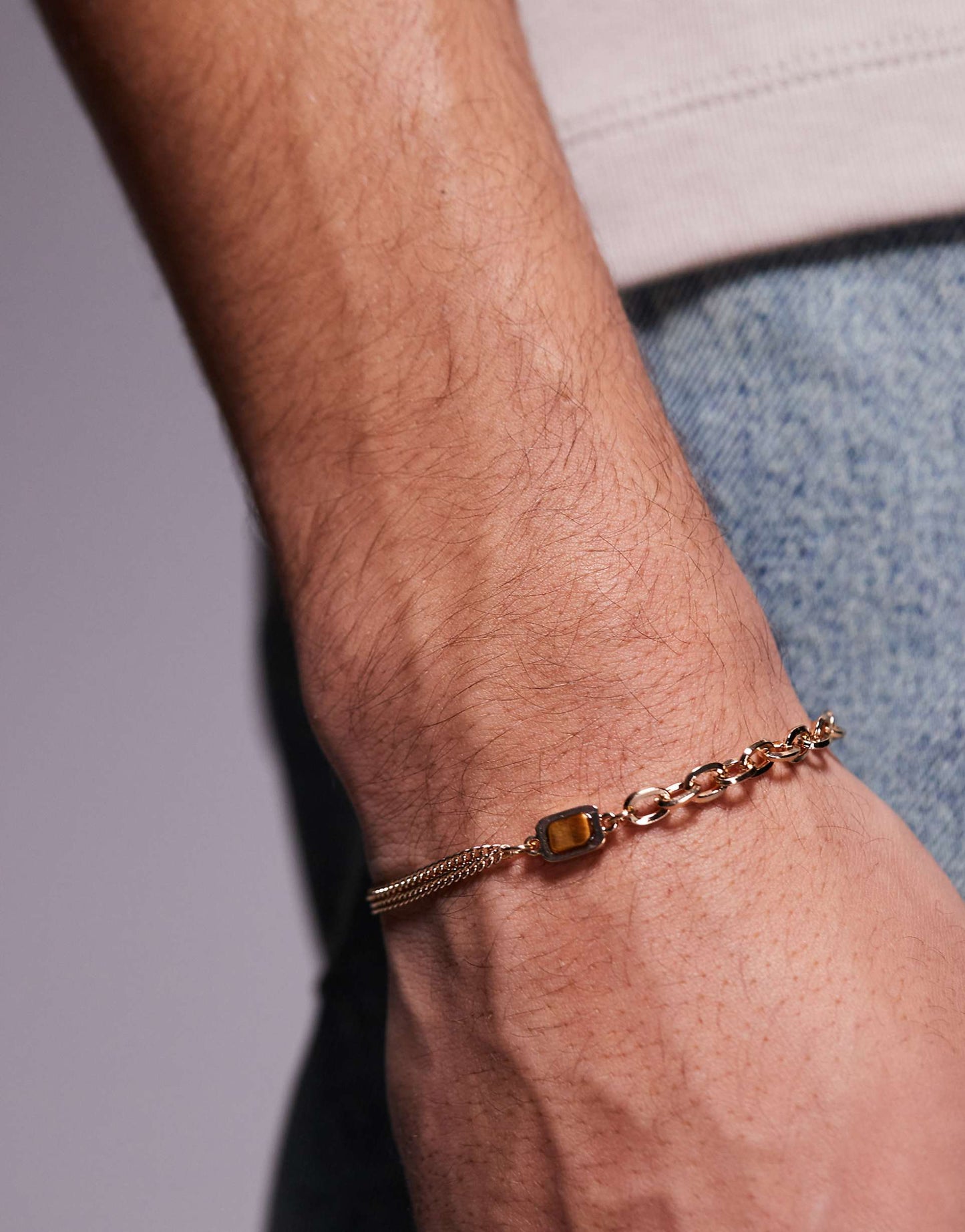 Chain Bracelet With Semi-Precious Tigers Eye Stone