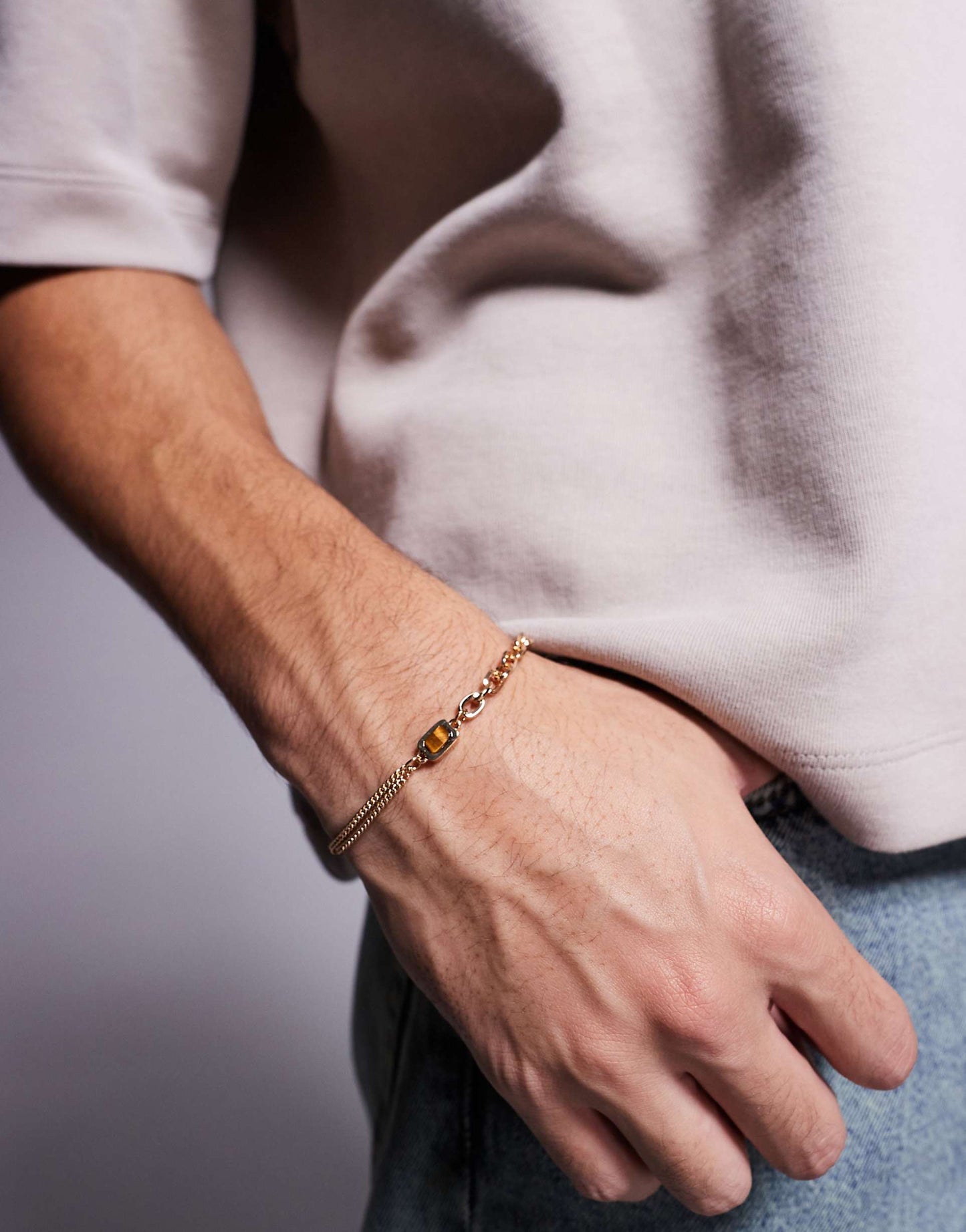 Chain Bracelet With Semi-Precious Tigers Eye Stone