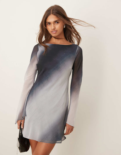 Flare Sleeve Ombre Chiffon Mini Dress