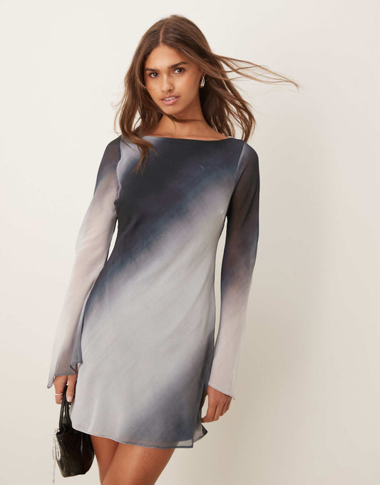Flare Sleeve Ombre Chiffon Mini Dress