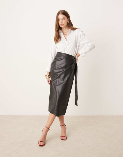 Pu Wrap Midi Skirt