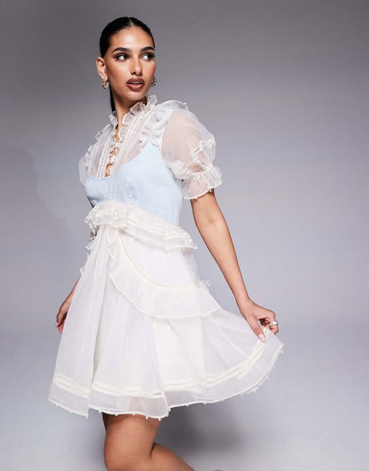 Pearl Embellished Organza Mini Dress With Denim Bust Panel