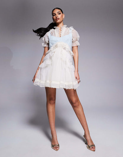 Pearl Embellished Organza Mini Dress With Denim Bust Panel