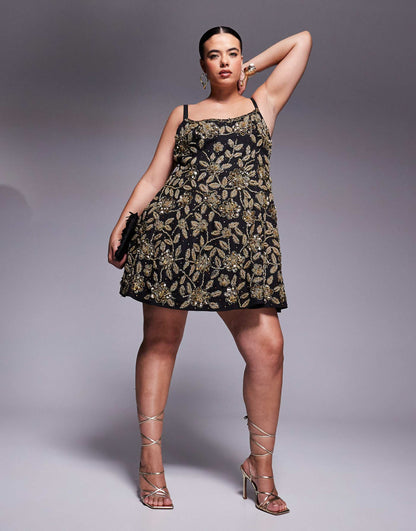 Curve Floral Embellished Cage Skirt Mini Dress